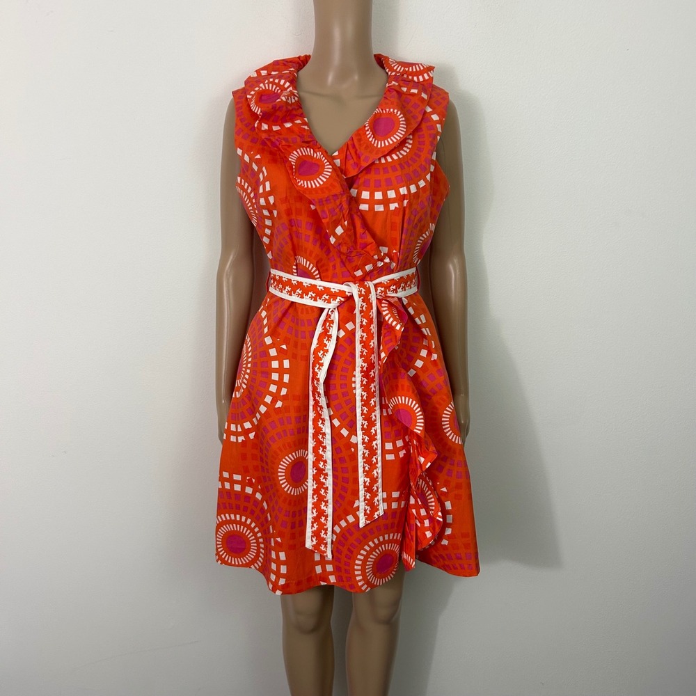 Dizzy Lizzie Medium Orange Pink Geometric Sunburst Ruffle Wrap Dress NWT